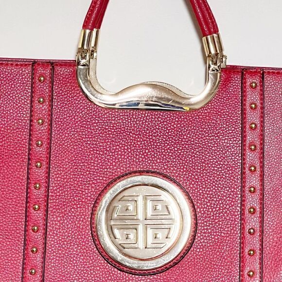 Women’s Red Satchel Purse Gold Details Double Top Handle Hard Side Large Bag - Picture 3 of 7